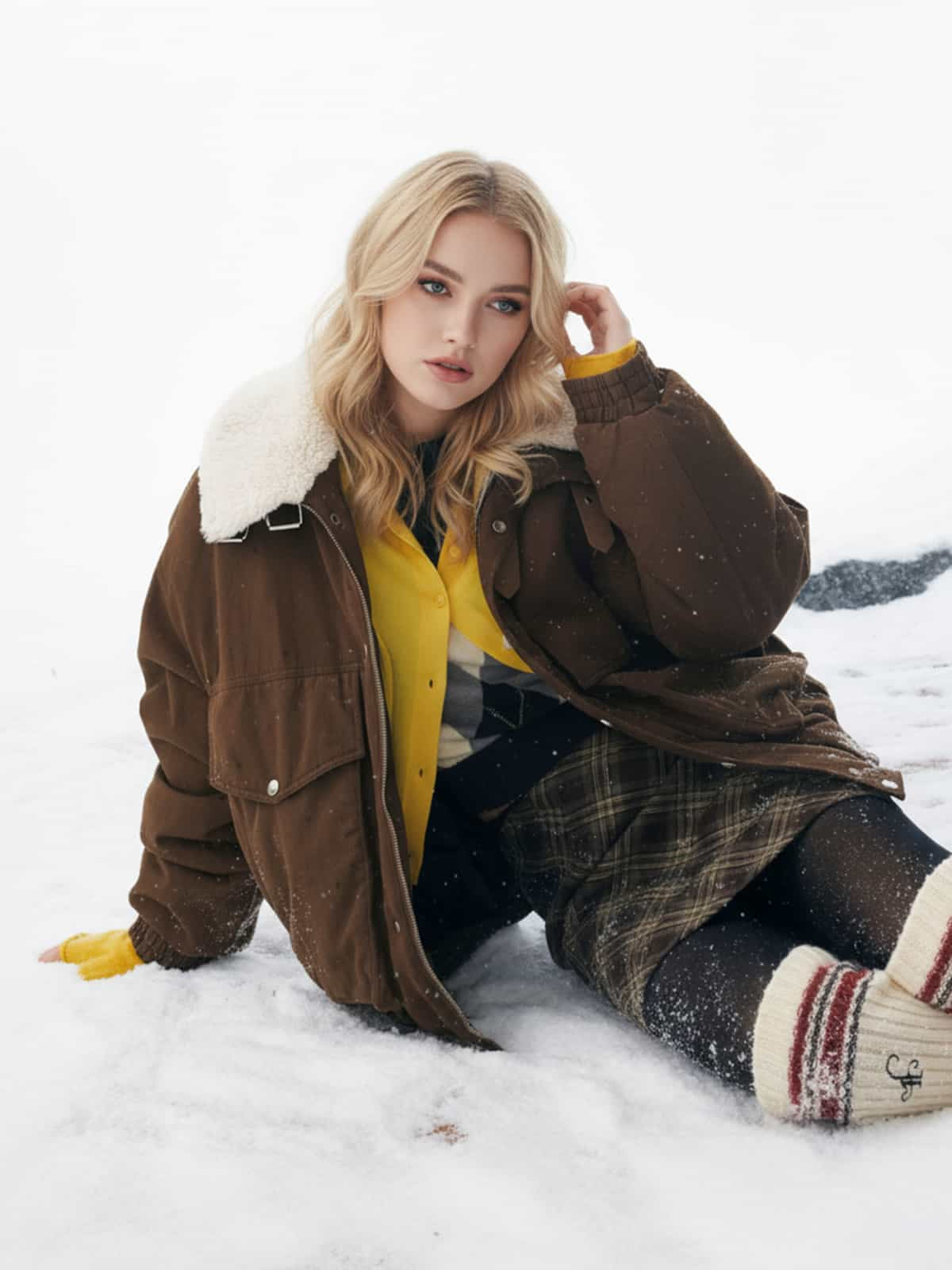 Auroravibe-Retro Brown Corduroy Faux Fur Collar Buckle Bomber Jacket