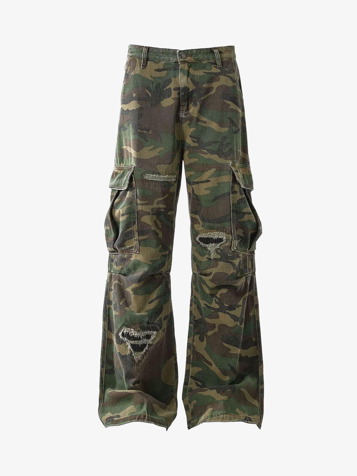 Auroravibe-Woven Ripped Camouflage Flared Cargo Pants - 2410