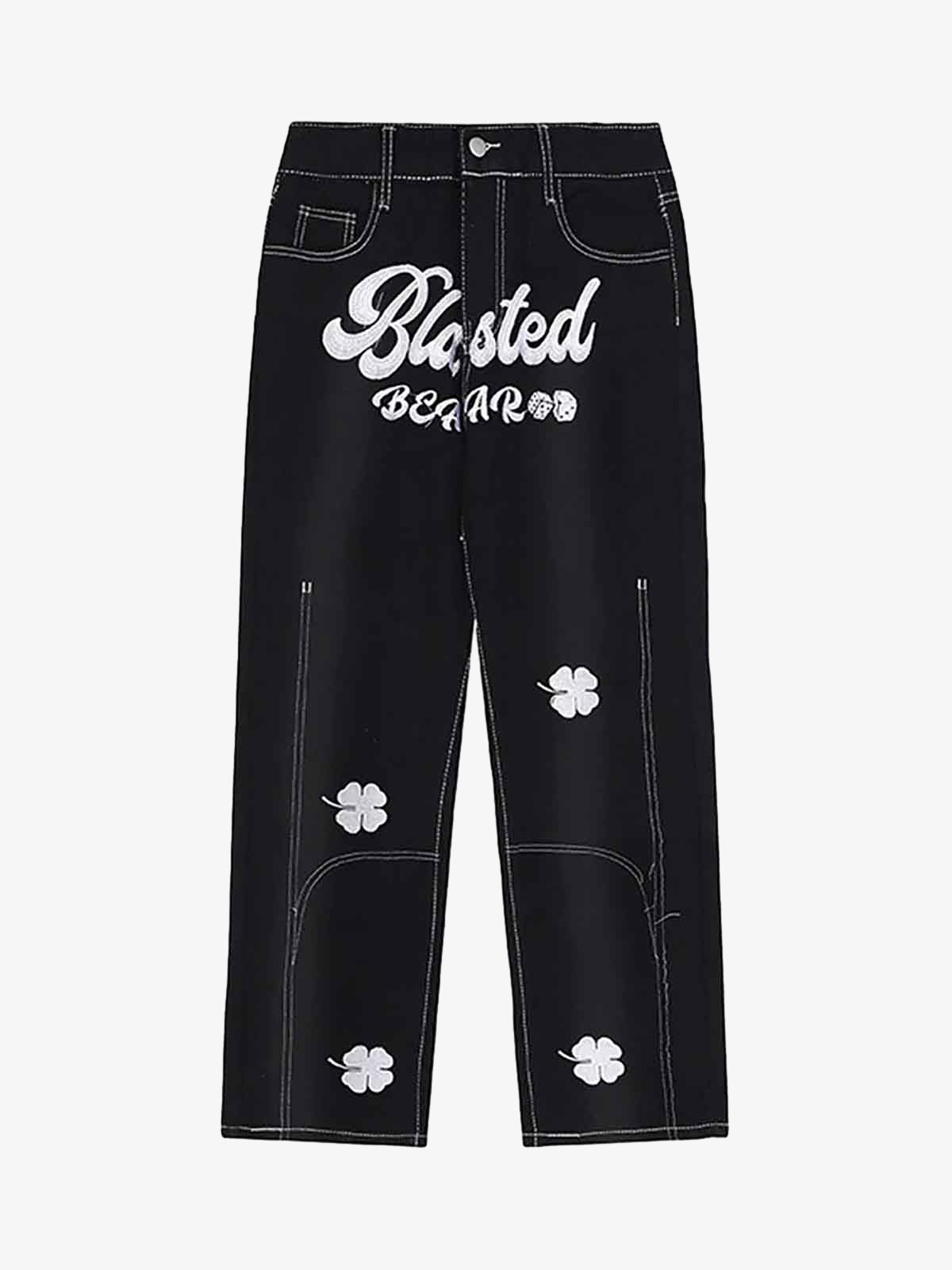 Auroravibe-Thesupermade Letter Lucky Clover Embroidered Baggy Jeans - 1162