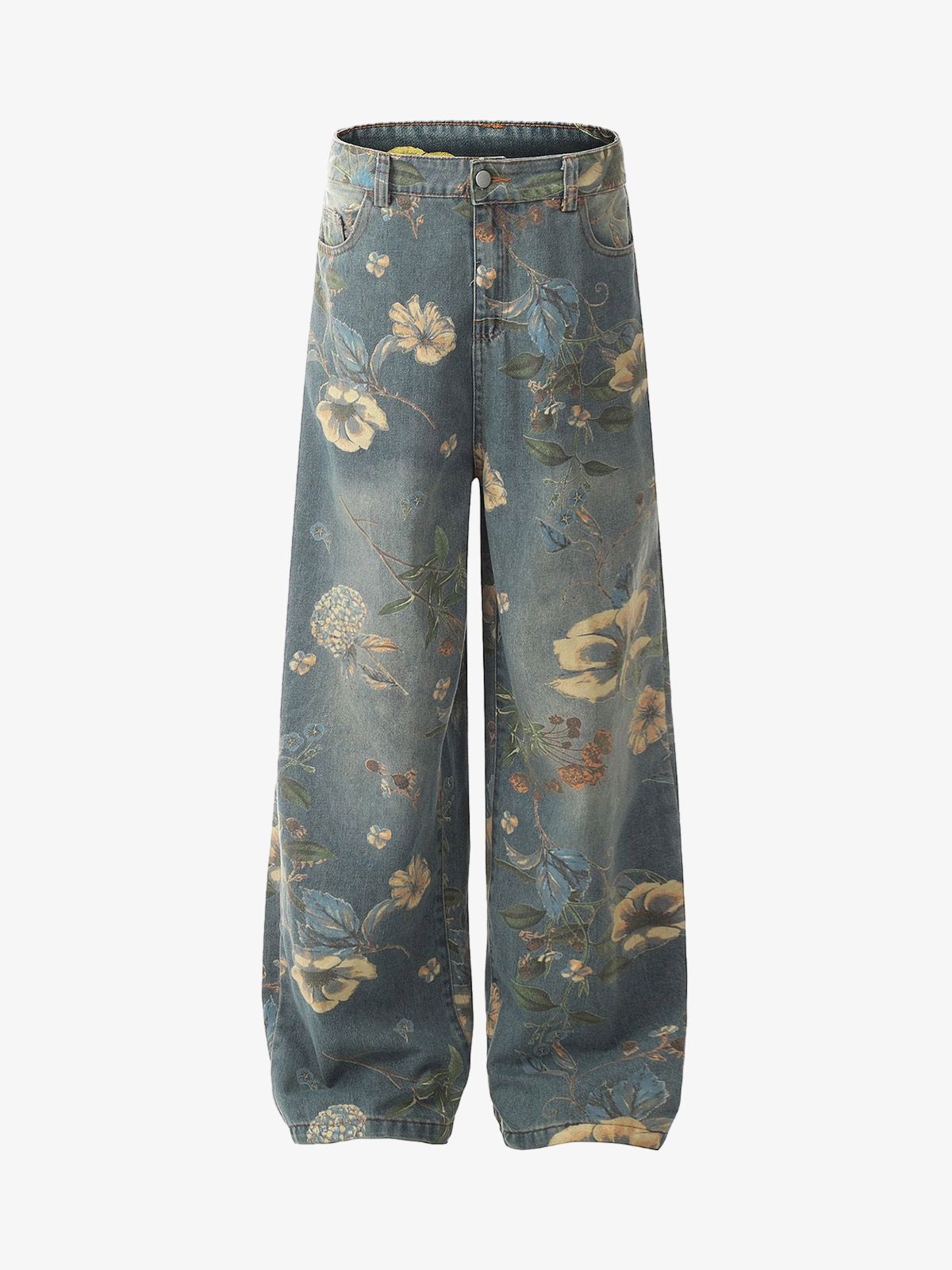 Auroravibe-Denim Floral Print Carpenter Jeans - 2237