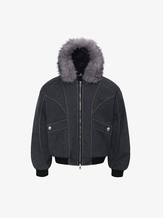 Auroravibe-Retro Detachable Faux Fur Hood Zip-Up Bomber Jacket