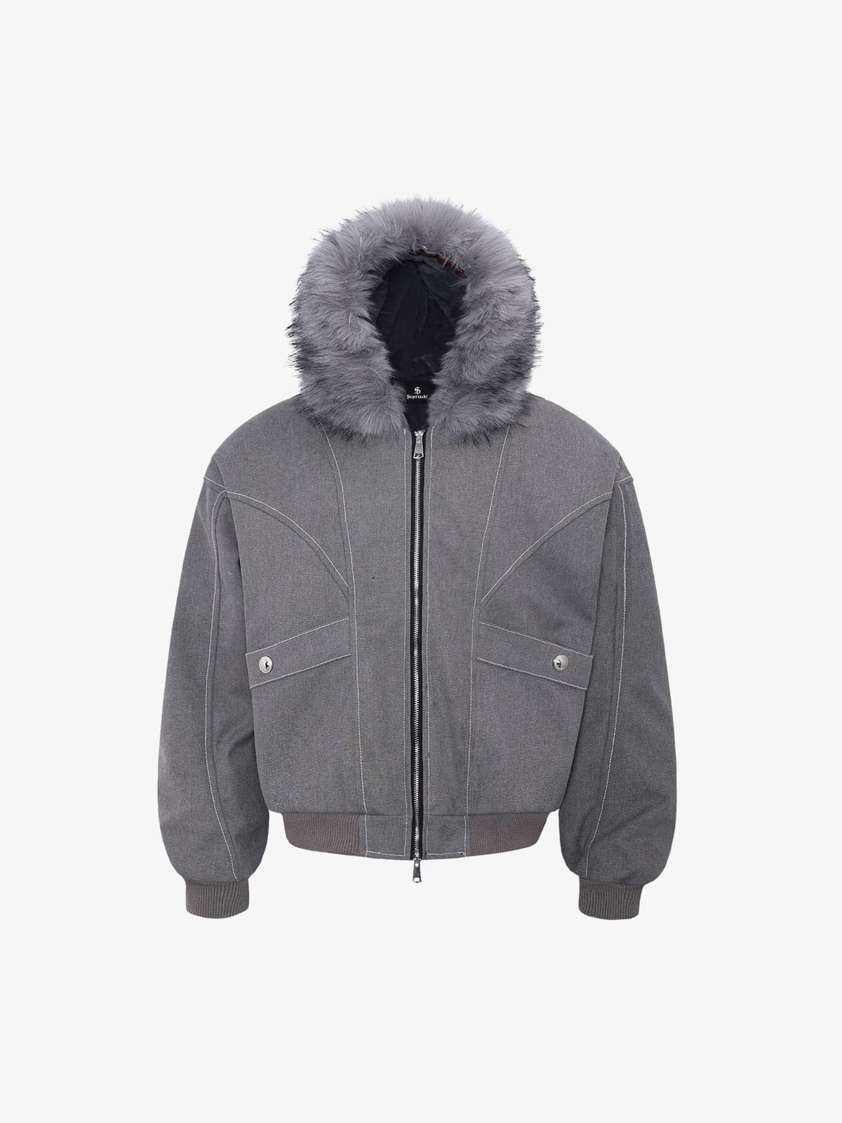Auroravibe-Retro Detachable Faux Fur Hood Zip-Up Bomber Jacket