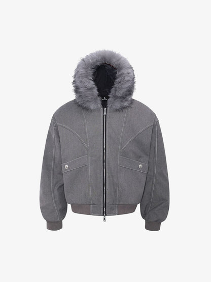 Auroravibe-Retro Detachable Faux Fur Hood Zip-Up Bomber Jacket