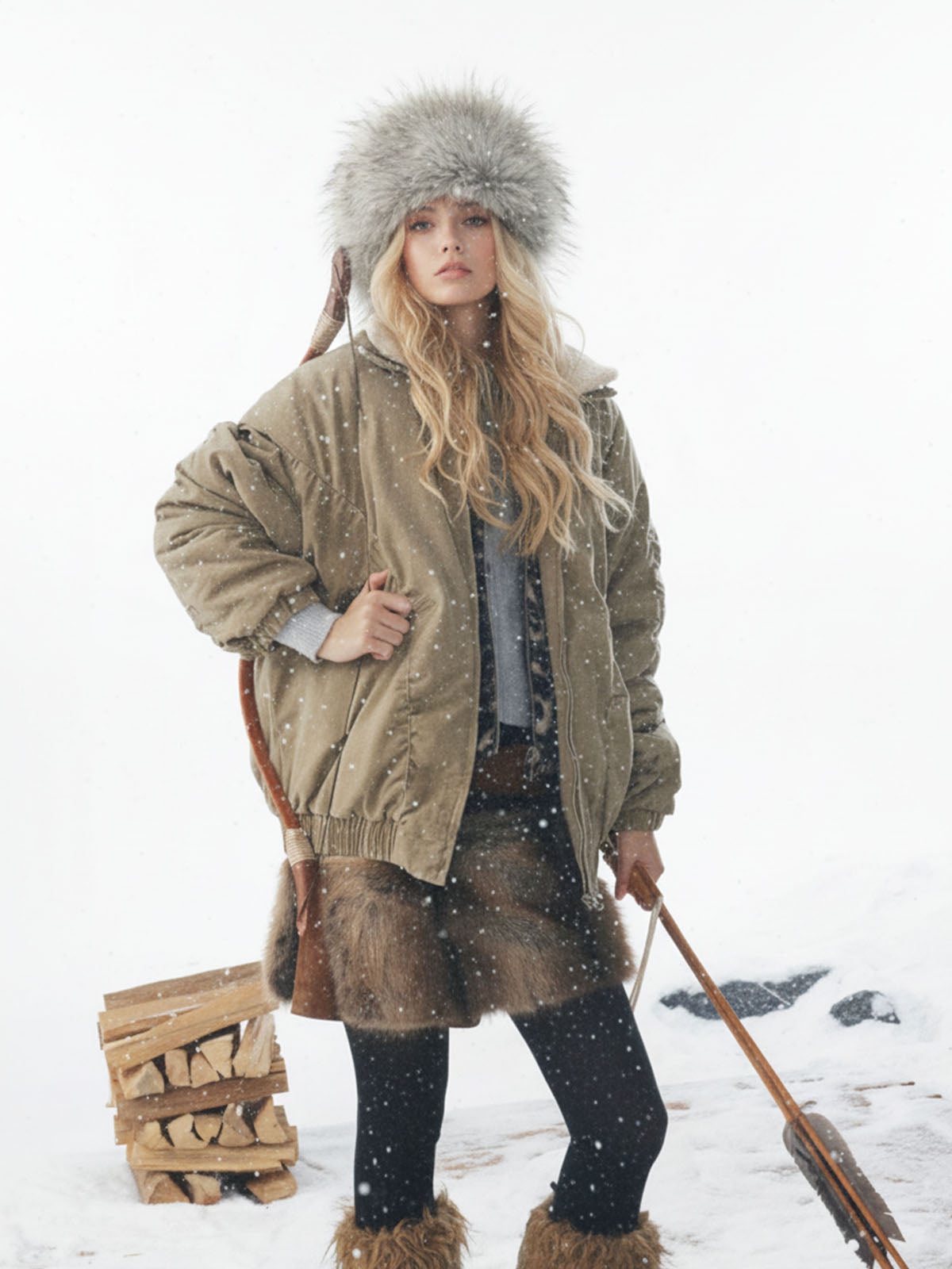 Auroravibe-Vintage Washed Ruched Cotton Detachable Fur Collar Bomber Jacket