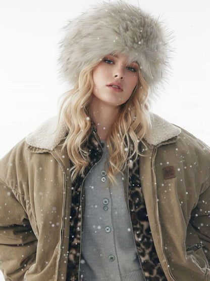 Auroravibe-Vintage Washed Ruched Cotton Detachable Fur Collar Bomber Jacket