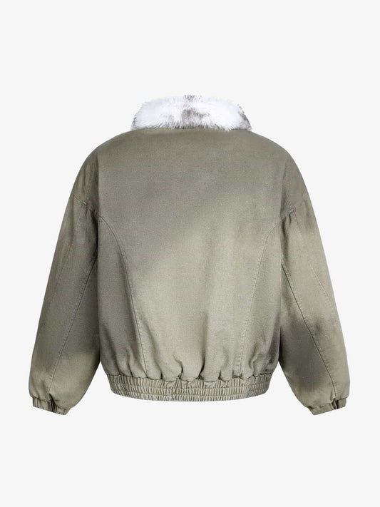 Auroravibe-Vintage Washed Faux Fur Collar Padded Bomber Jacket