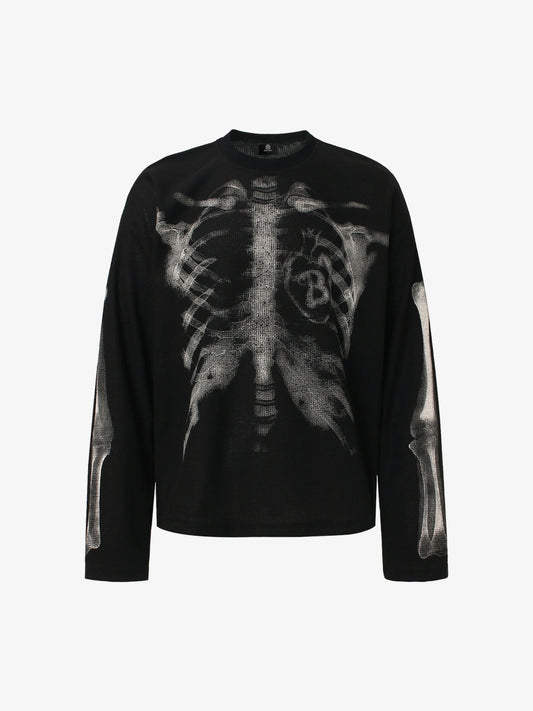 Auroravibe-Skeleton Graphic Waffle Sweatshirt – Spooky Halloween Vibes - 2495