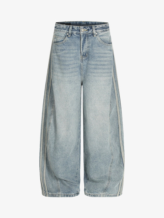 Auroravibe-Retro Washed Side Striped Barrel Denim Jeans