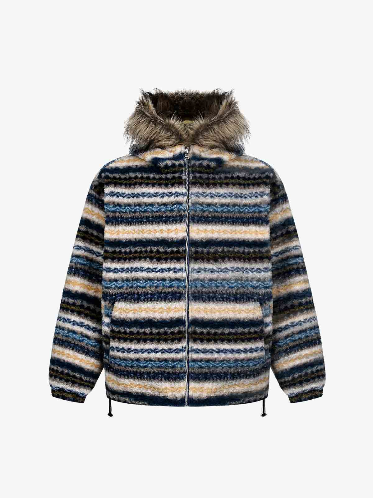 Auroravibe-Retro Striped Reversible Faux Sheepskin Collar Jacket