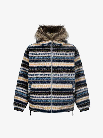 Auroravibe-Retro Striped Reversible Faux Sheepskin Collar Jacket