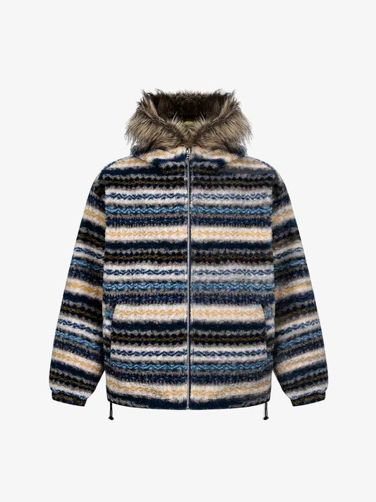 Auroravibe-Retro Striped Reversible Faux Sheepskin Collar Jacket