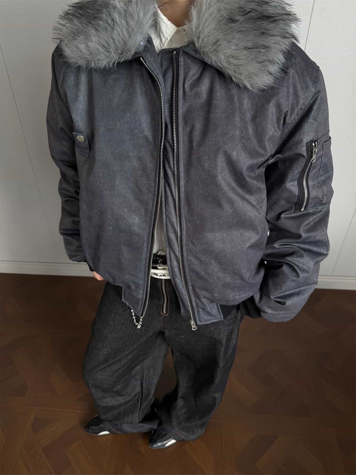 Auroravibe-Retro Detachable Faux Fur Collar Padded Bomber Jacket