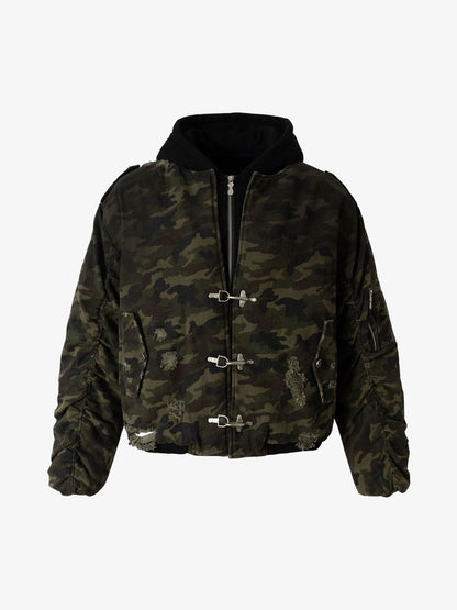 Auroravibe-Retro Camouflage Faux Layered Metal Buckle Padded Jacket