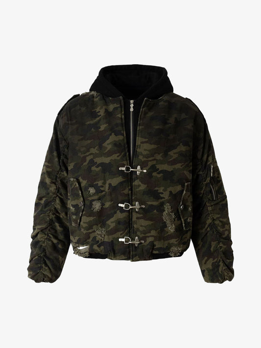 Auroravibe-Retro Camouflage Faux Layered Metal Buckle Padded Jacket