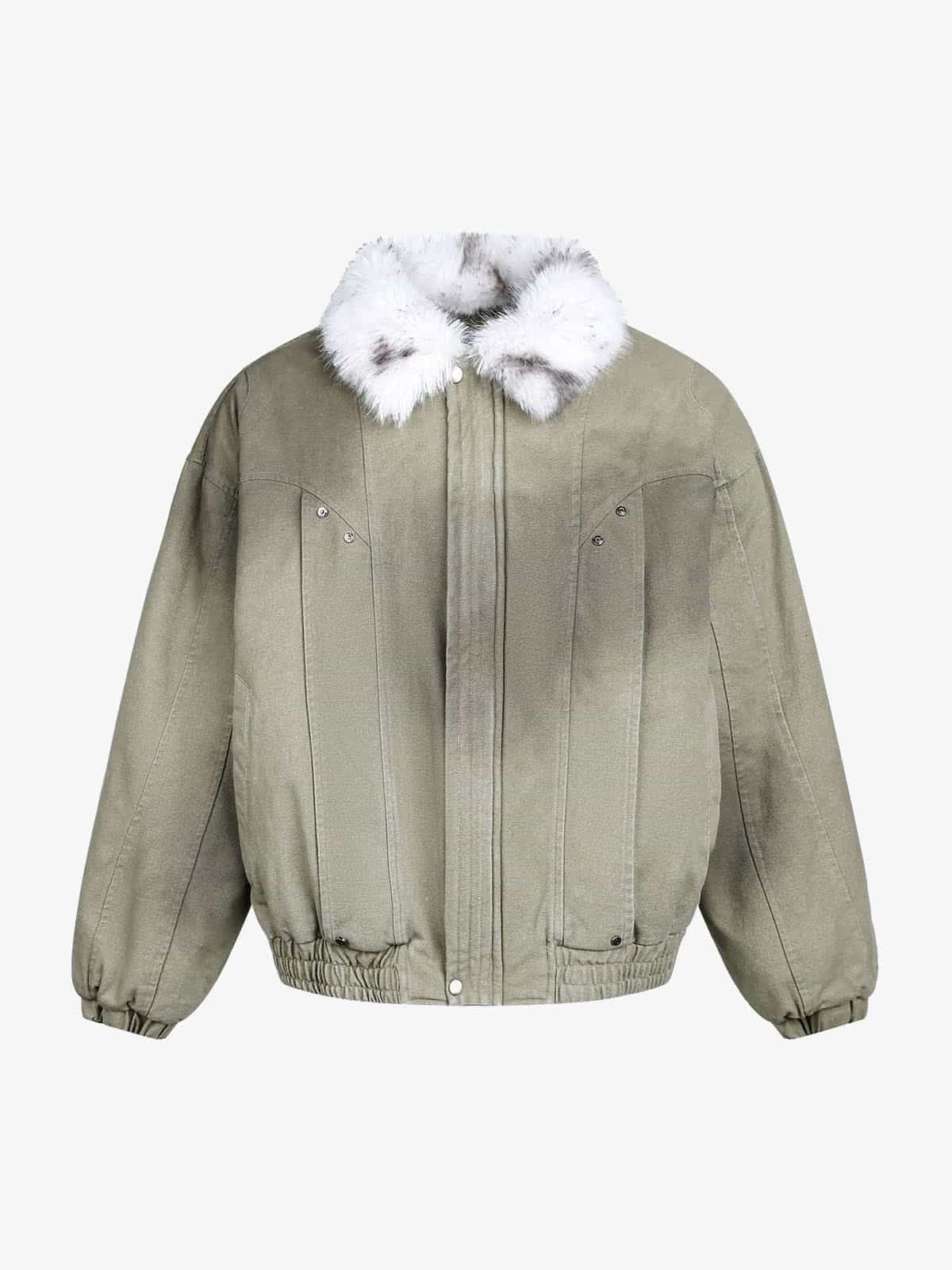 Auroravibe-Vintage Washed Faux Fur Collar Padded Bomber Jacket