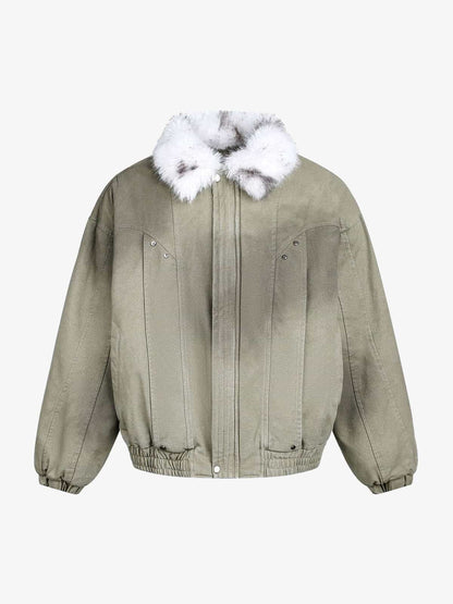 Auroravibe-Vintage Washed Faux Fur Collar Padded Bomber Jacket