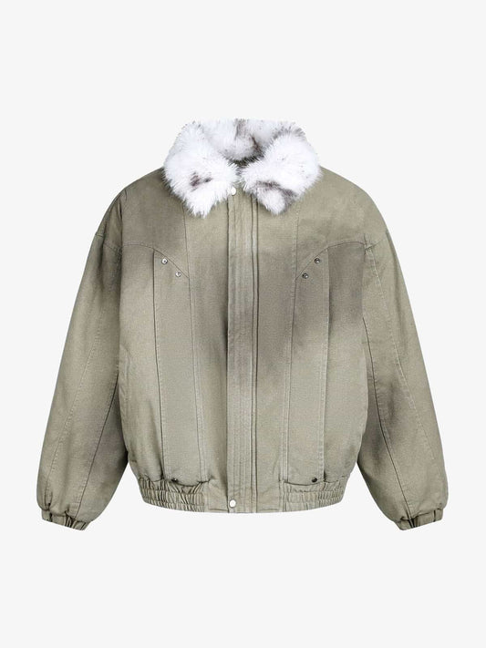 Auroravibe-Vintage Washed Faux Fur Collar Padded Bomber Jacket