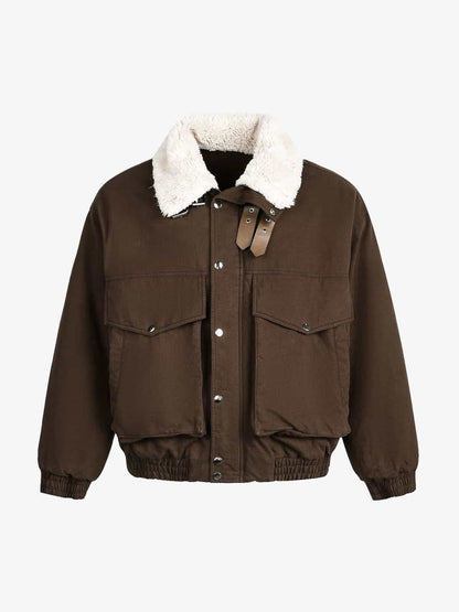Auroravibe-Retro Brown Corduroy Faux Fur Collar Buckle Bomber Jacket