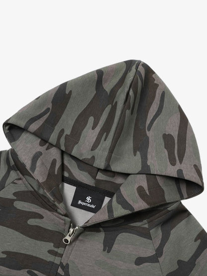 Auroravibe-Street Camouflage Rhinestone Letter Zip Up Hoodie