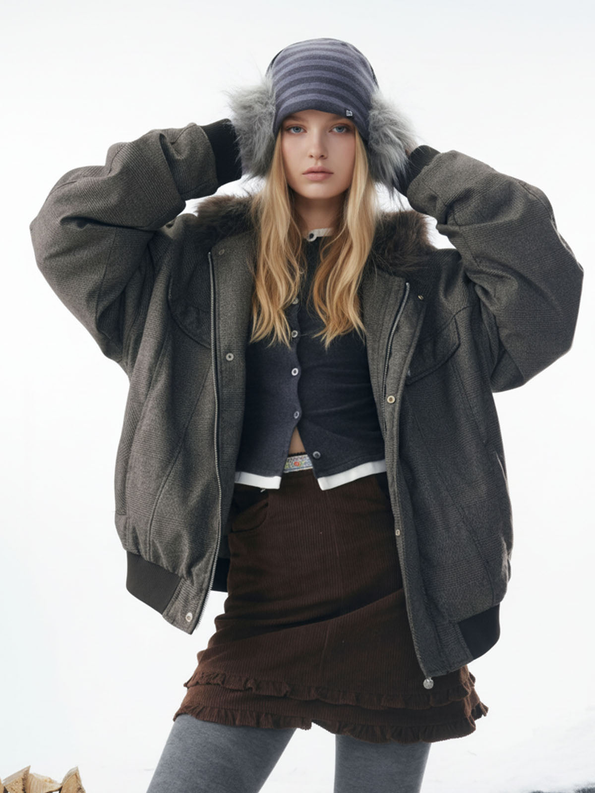 AuroraVibe-Retro Plaid Textured Faux Fur Collar Padded Bomber Jacket