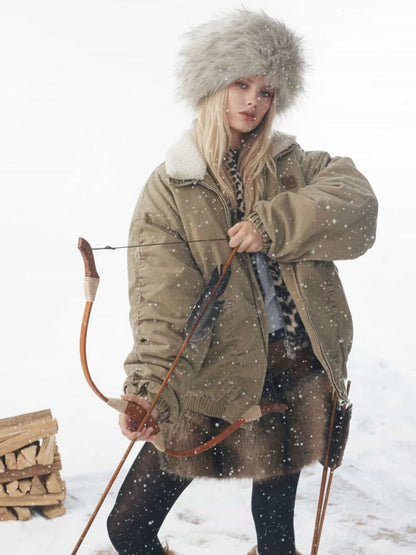 Auroravibe-Vintage Washed Ruched Cotton Detachable Fur Collar Bomber Jacket