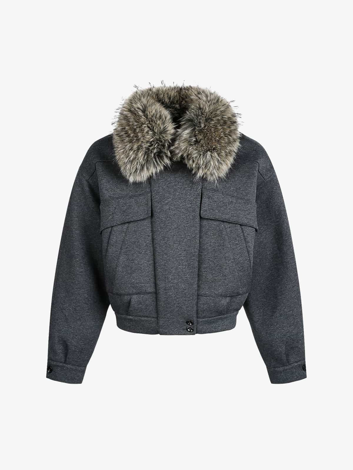 Auroravibe-Retro Detachable Faux Fur Collar Washed Bomber Jacket