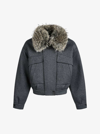 Auroravibe-Retro Detachable Faux Fur Collar Washed Bomber Jacket