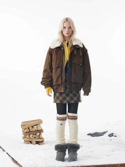 Auroravibe-Retro Brown Corduroy Faux Fur Collar Buckle Bomber Jacket