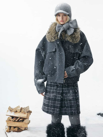 Auroravibe-Retro Detachable Faux Fur Collar Washed Bomber Jacket