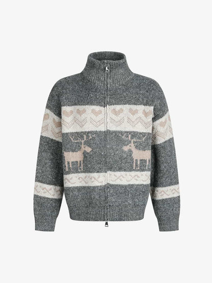 Auroravibe-Retro Christmas Reindeer Pattern Zip-Up Knit Cardigan Sweater