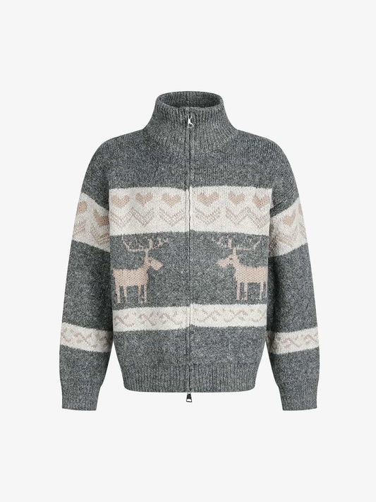 Auroravibe-Retro Christmas Reindeer Pattern Zip-Up Knit Cardigan Sweater