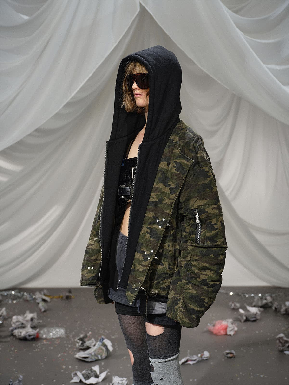 Auroravibe-Retro Camouflage Faux Layered Metal Buckle Padded Jacket