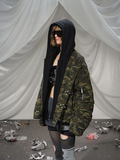 Auroravibe-Retro Camouflage Faux Layered Metal Buckle Padded Jacket