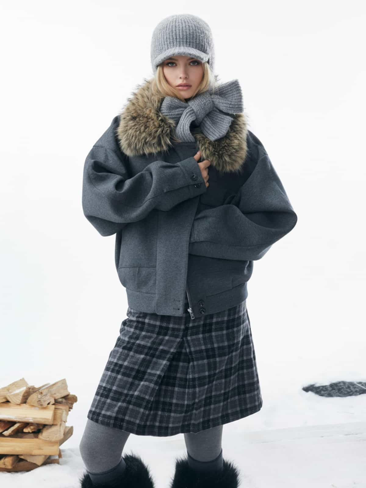 Auroravibe-Retro Detachable Faux Fur Collar Washed Bomber Jacket