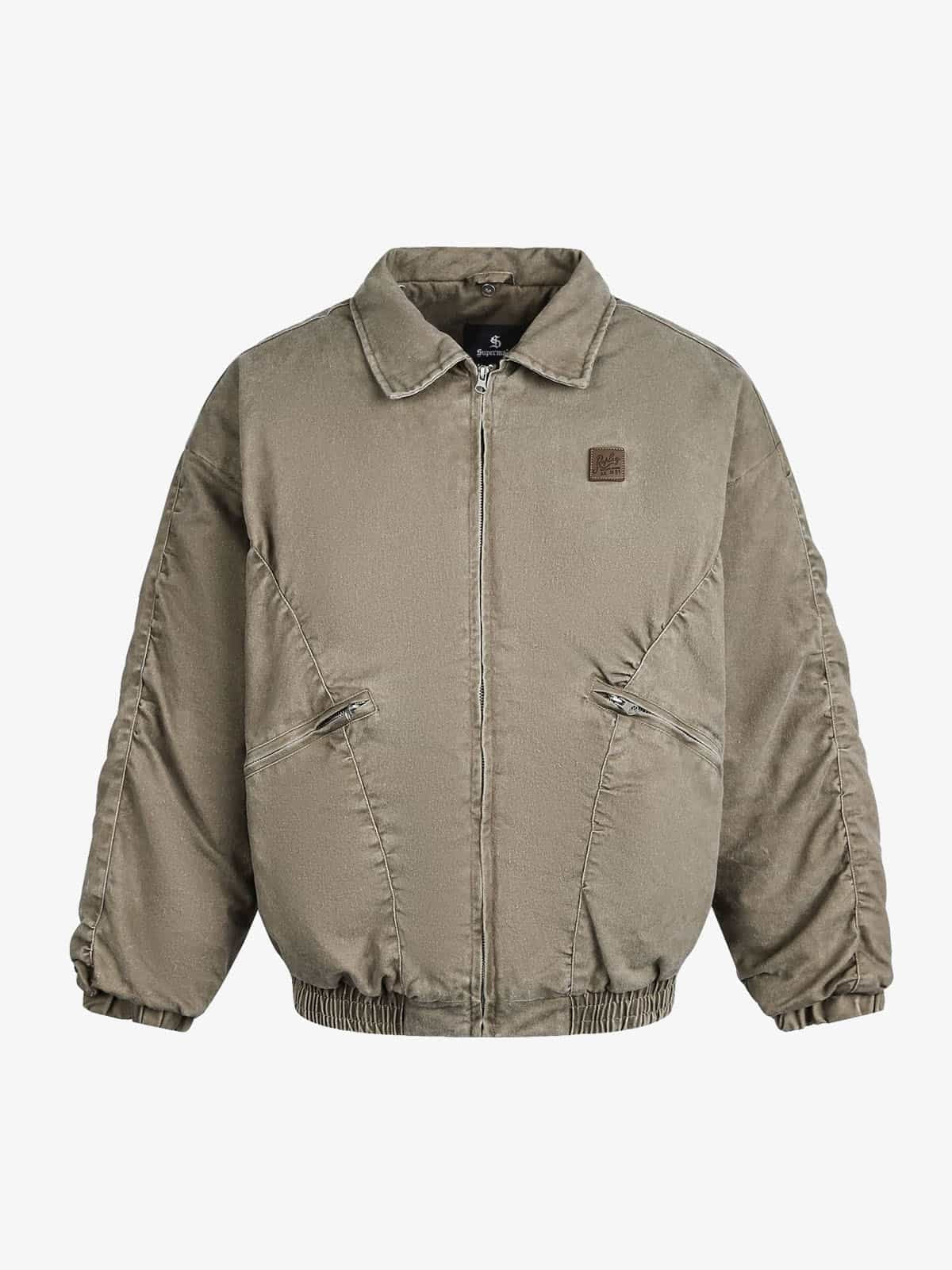 Auroravibe-Vintage Washed Ruched Cotton Detachable Fur Collar Bomber Jacket