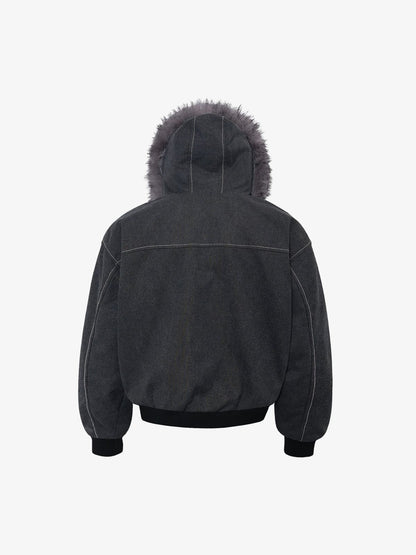 Auroravibe-Retro Detachable Faux Fur Hood Zip-Up Bomber Jacket