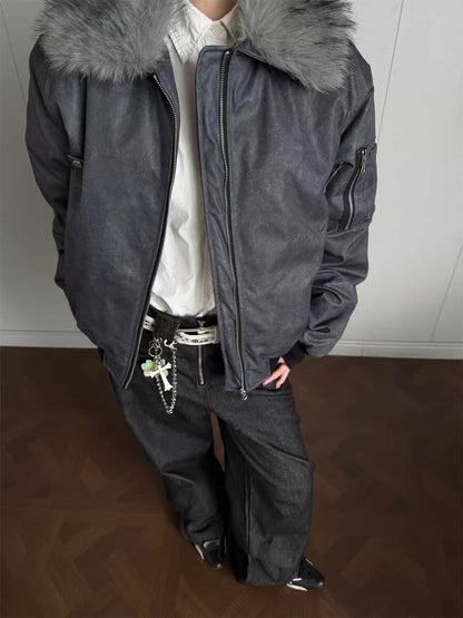 Auroravibe-Retro Detachable Faux Fur Collar Padded Bomber Jacket